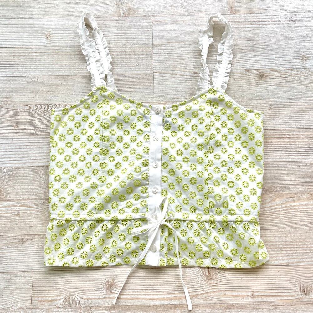 ModCloth Darling For The Prairie Peplum Tank Top | White/Lime Floral‎ Small